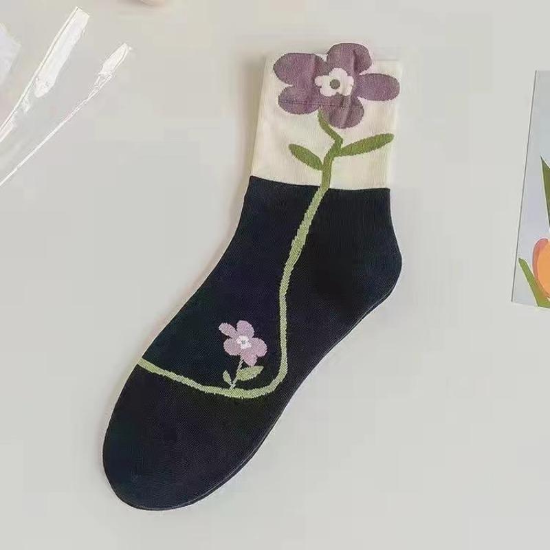 Flower Socks For Women Korean Cotton Cute Socks Style Middle Tube For Girl Breathable Casual Sweet Female Floral Socks