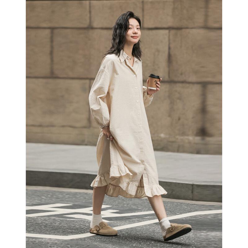 Demana Women's Spring Ruffle Edge Pure Cotton Shirt Dress