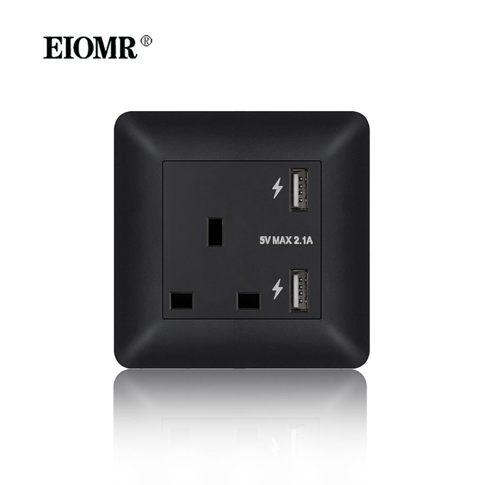 EIOMR 13A UK Standard Plug Power Wall Socket and Switch 250V, with USB Type-C Charger Port 5V 2.1A, Black PC Curved Frame Panel