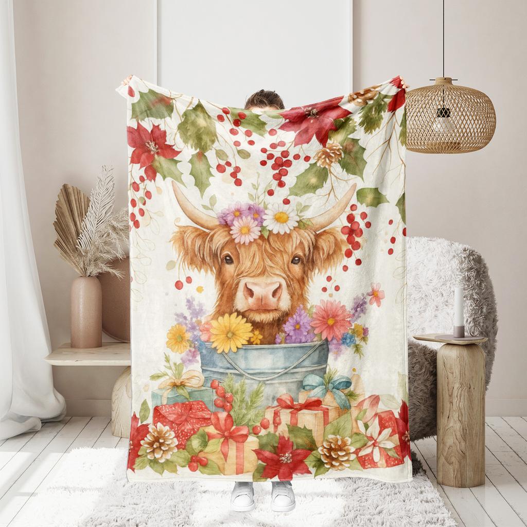 1pc Flower Highland Cow Print Flannel Blanket Various Size Living Room Sofa Nap and Leisure Blanket Soft and Machine Washable