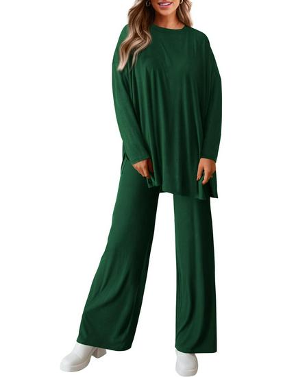 

2025 Women s Casual Set: Solid Color Round Neck Long Sleeve Top with Wide Leg Pants for Spring & Autumn Extra Large