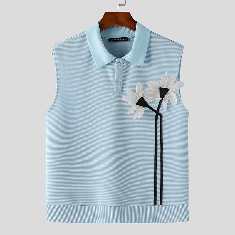 

INCERUN Men Summer Lapel Sleeveless 3D Flowers Striped Texture Casual Loose Tank Tops 4XL синий