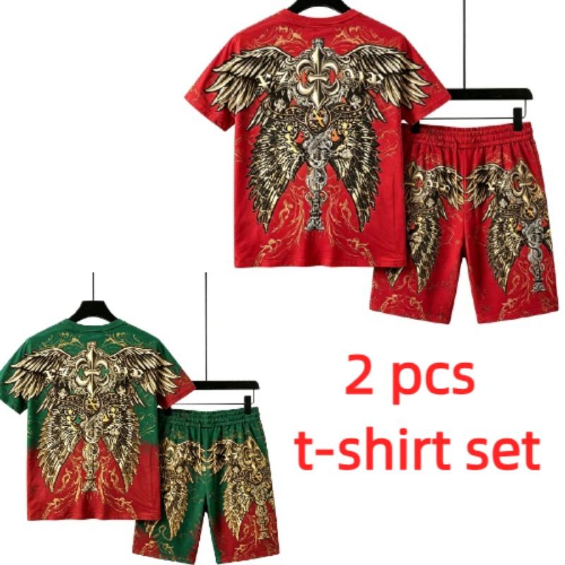 European and American Street Men's Short Sleeved T-shirt Shorts Set 3D Angel Wings Skull Print Men's and Women's Loose Casual Sports Suit