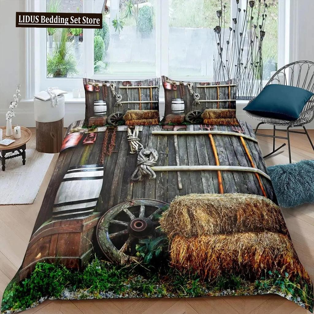 Wood Barn Door Duvet Cover Set Western King Size Rustic Bedding Set Wooden Board Farmhouse Country Style Polyester Quilt Cover