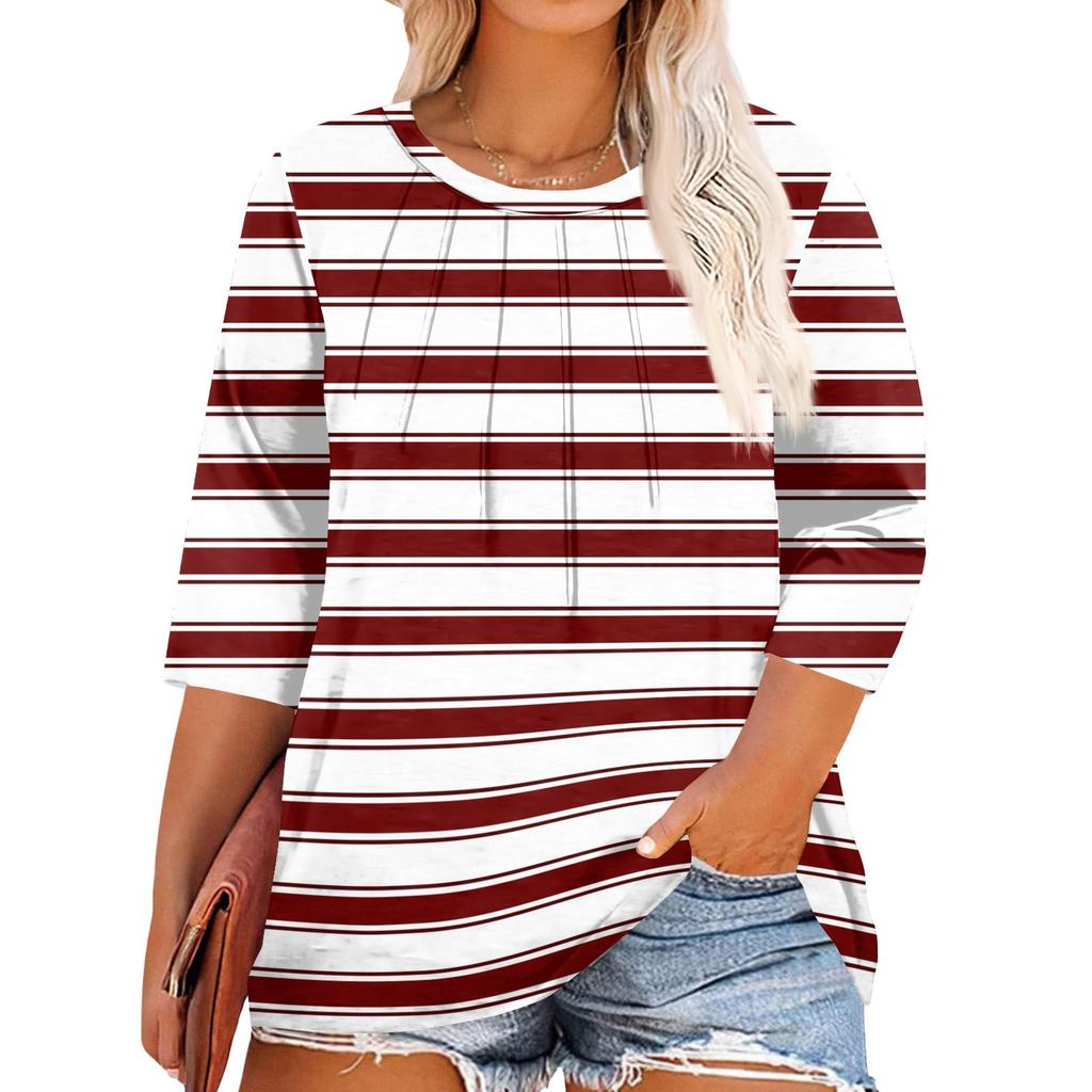 Women's Solid Color Round Neck Plus Size Tops 3/4 Sleeves Elegant Shirt Tops