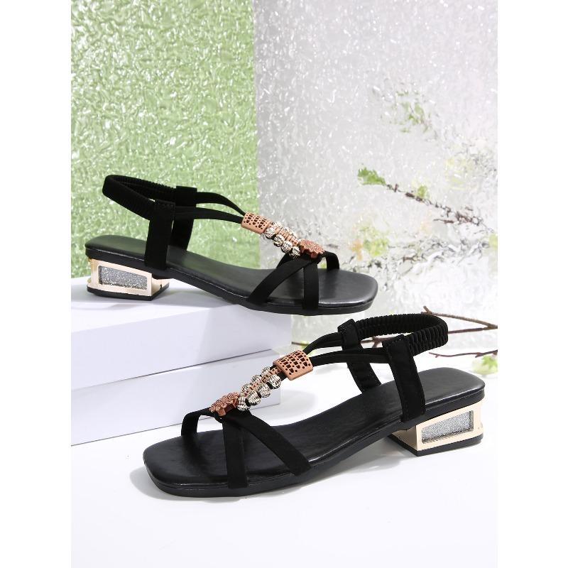 Square Toe Beaded Low-heeled Sandals Women's New 2025 Summer Thick-heeled Roman Sandals