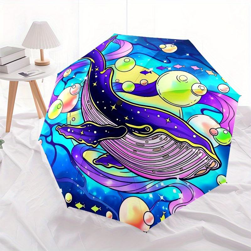 Whale, Fantasy Automatic folding umbrella simple eight rib design, bright color pattern, durable iron frame, ideal for travel and outdoor,