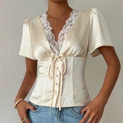 Satin Lace V-Neck T-shirt Top For Women 2026 Summer Lace-Up Hollow Out Short Sleeve Cropped Tops Pullover Female Bandage Tops Tee