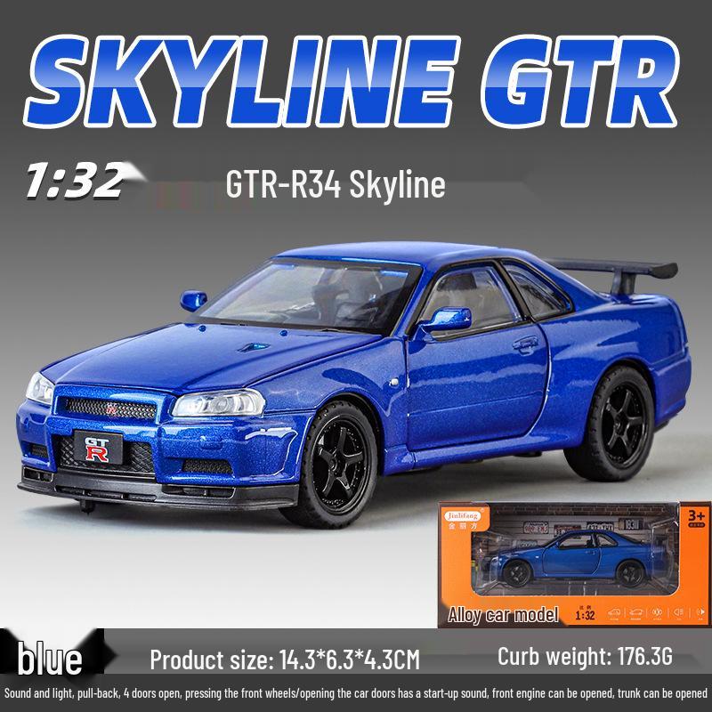 1:32 GTR R34 Low-Rider Sports Car Model with Opening Doors, Four-Wheel Suspension, Alloy Build, Sound and Light, Pull-Back Simulation