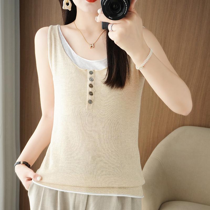 

Pure Cotton Fake Two-piece Knitted Suspender Women s Summer Slim-fitting Versatile Sleeveless Inner and Outer Fashionable Bottoming Top S білий