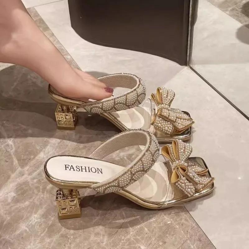 Fashion Fashion Women's Slippers Square Heel One Kick Sexy Bow Tie Sandals for Women Pearl Banquet Extra-shaped Heel Sandalias De Mujer