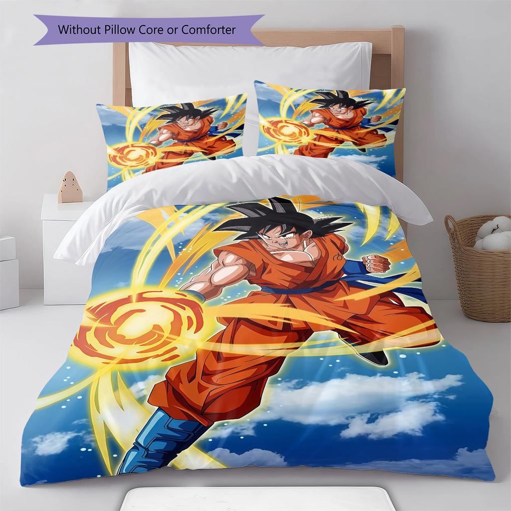 Son Goku Pattern Bedding,Quilt Set Quilt Cover Pillowcase Home Birthday Gift (1 * Duvet Cover + 2 * Pillowcase, Without Core)