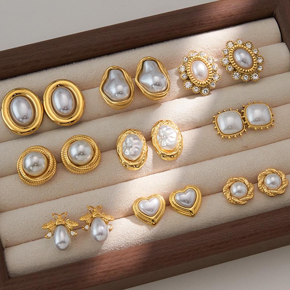 Exquisite Elegant Irregular Resin Pearls Ear Studs 18K PVD Stainless Steel Gold Color Fine Textured Smooth Earrings For W