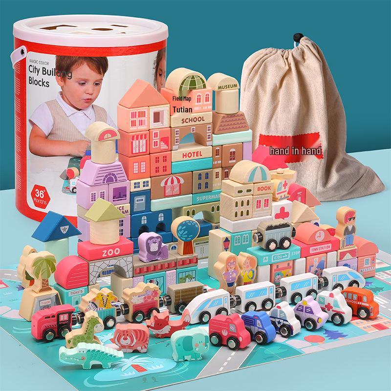 City Street View: 115pcs Wooden Castle & Vehicle Building Blocks for Kids