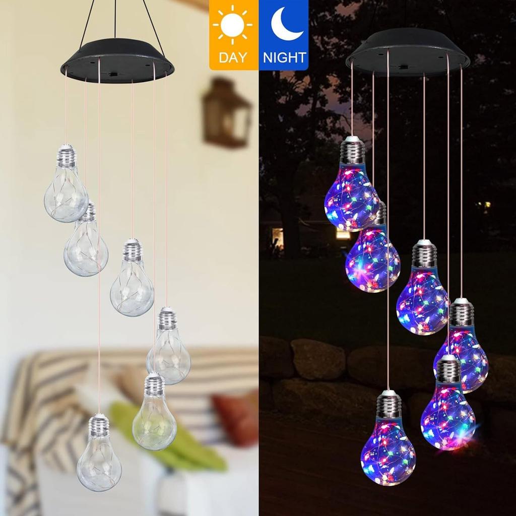جرس الرياح المضيء الملون LED مع 6 مصابيح شمسية، جرس رياح معلق متنقل لتزيين الشرفة والحديقة والساحة والشرفة