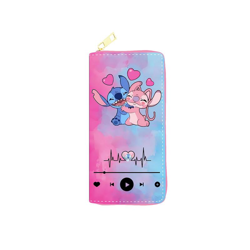 Stitch PU Long Wallet Student Zip Coin Purse Anime Makeup Bag Passport Holder Blue 3pcs