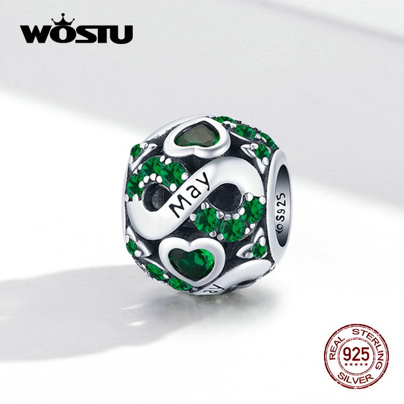 WOSTU Pave barevné kamínky Dvanáct měsíců sférický 925 Sterling Silver Charm korálek pro DIY šperky dárek