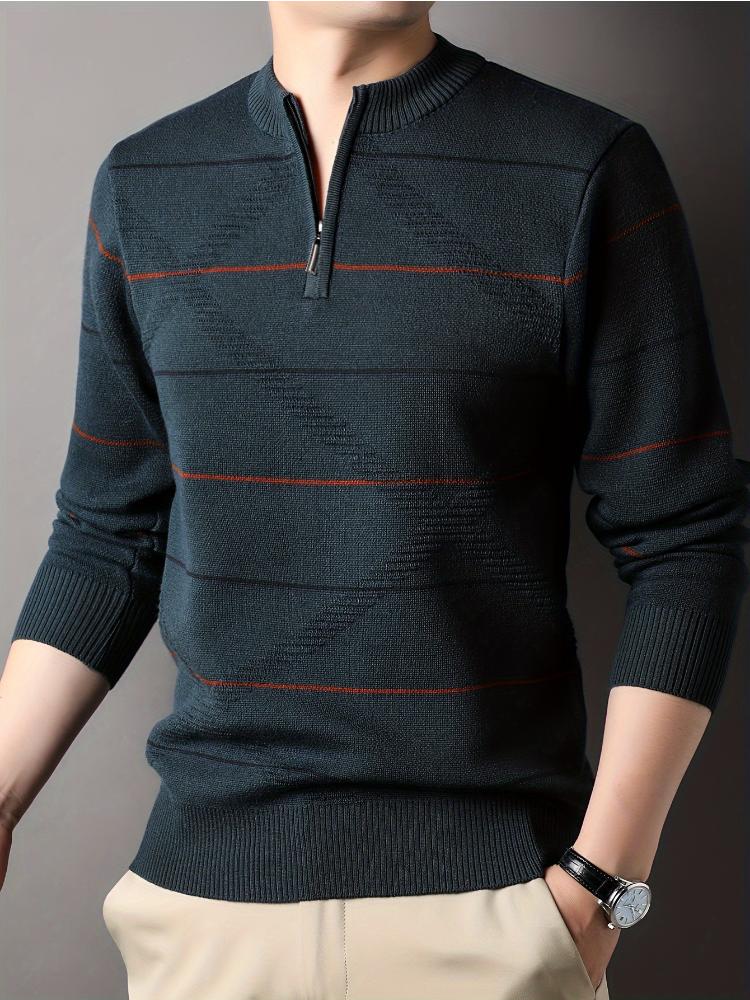 Men's Casual Striped Knit Sweater With 1/4 Zip, Long Sleeve Polyester & Acrylic Blend Top, Mature Style
