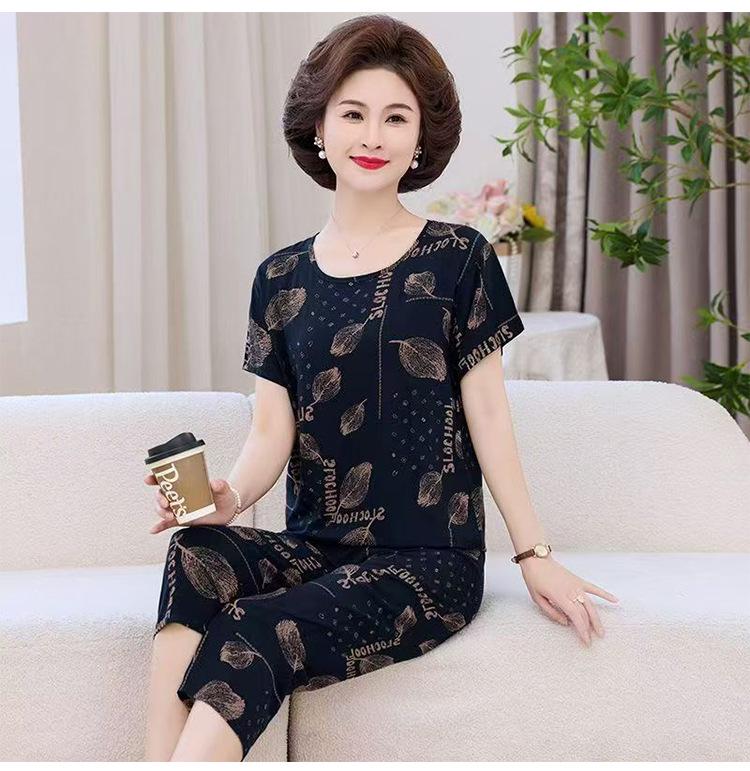 Women's Plus Size Ice Silk Pajama Set: Casual Short Sleeve Two-Piece for Middle-aged and Elderly Moms