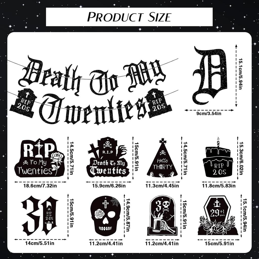 Death To My 20s Decorations - 14pcs Black 30th Birthday Party Decorations Banner Hanging Swirls Rip To My 20s Birthday Decor Party Ceiling Supplies