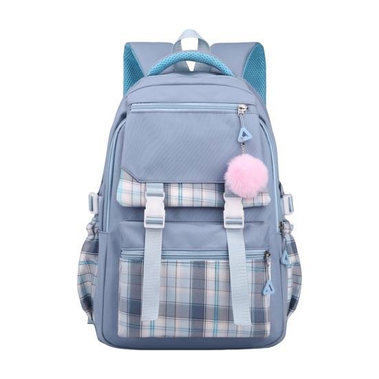 Studentský batoh s plyšovým přívěskem s kuličkou, více přihrádkami, velká kapacita, kostkovaný potisk, voděodolný, školní