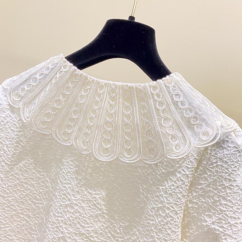 Plus Size Women Doll Collar Short Sleeve Shirt Letnia Vintage Jacquard Top