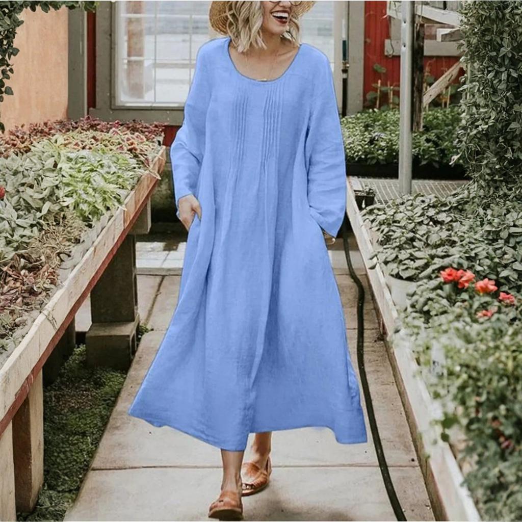 Women's Ound-neck Pleated Skirt With Pockets, Long-sleeved Cotton And Linen Dress
