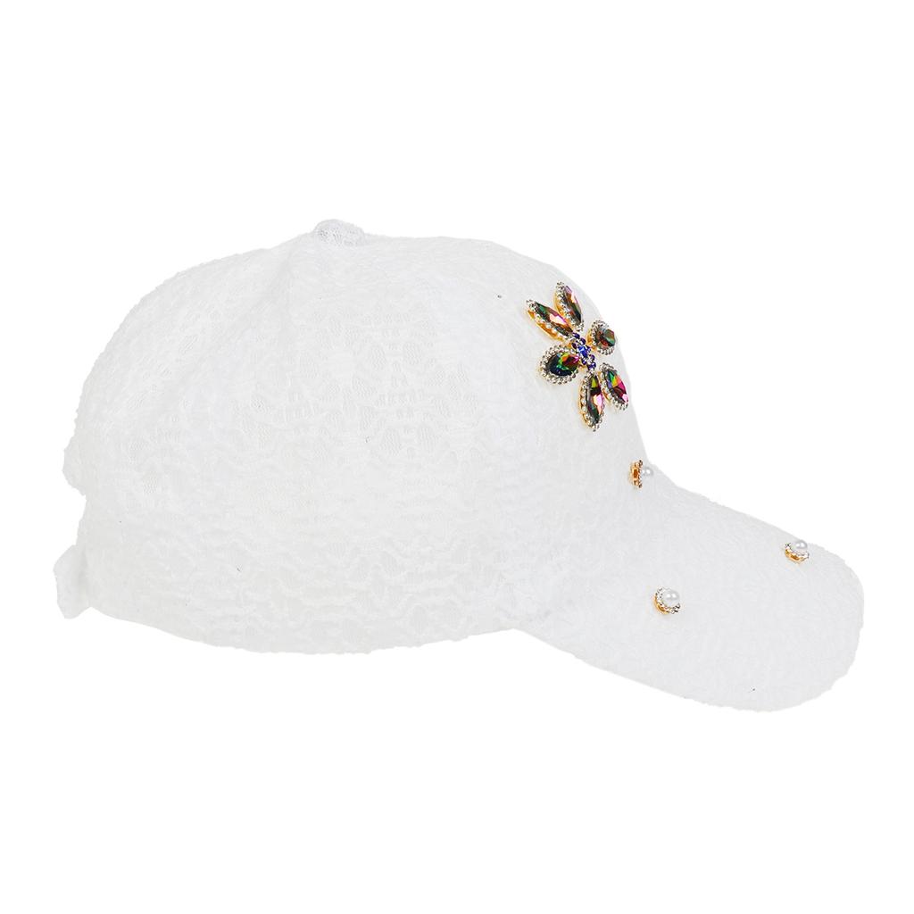 Rhinestone Pearl Flower Lace Baseball Cap, Women Breathable Mesh Adjustable Summer Sun Hat