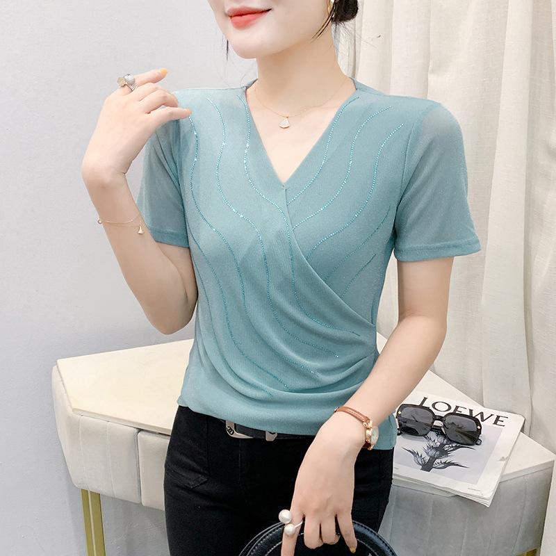 Womens V Neck Wrap Ruched Rhinestone Mesh Short Sleeve Casual Blouse