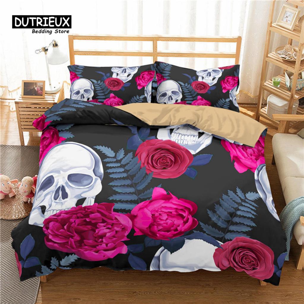 Red Rose Skull Floral Bedding Set Skeleton Flowers Green Leaves Print Duvet Cover Horror Theme Comforter Cover With Pillowcases