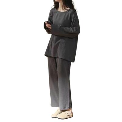 [PeiYA] Dames Pyjamaset met Lange Mouwen, Dubbele Crêpe, 100% Katoen, Ronde Hals, Relaxte Pasvorm, Top en Broek
