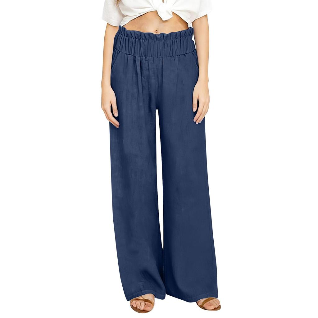 Pantalon Palazzo Large Décontracté en Lin pour Femmes Taille Élastique Polyvalent Business Casual Travail Pantalons Palazzo Avec Poches