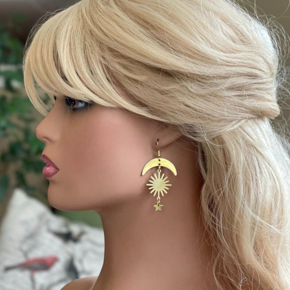New Mysterious Ethereal Gold Color Sun Crescent Moon Stars Celestial Dangle Earrings for Woman Bohemia Ethnic Style Jewelry Gift