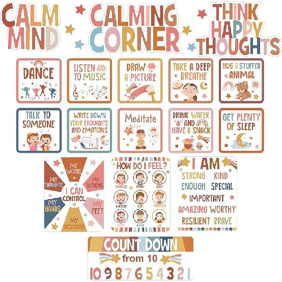 Calm Down Corner Bulletin Board Set for Classroom Decoration Feelings Chart Mental Health Feeling Management Poster for Kindergarten Emotions Poster
