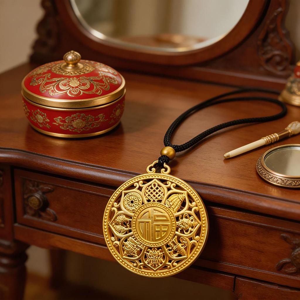 Eight-treasure Compass Necklace, Unisex Pendant, Gold, Black Braided Cord, Blessing Plate, Hollow, Chinese Style, Sweater Chain, New Style