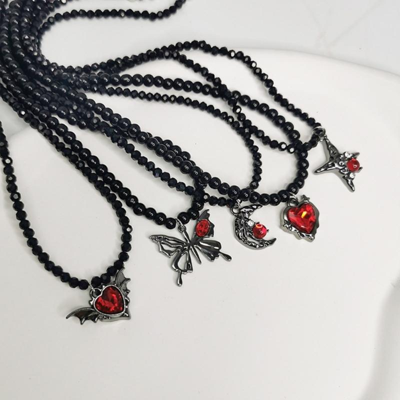 Gothic Style Heart And Butterfly Black Crystal Beaded Necklace Unique Neck Chain For Women Seeking Unique Fashion