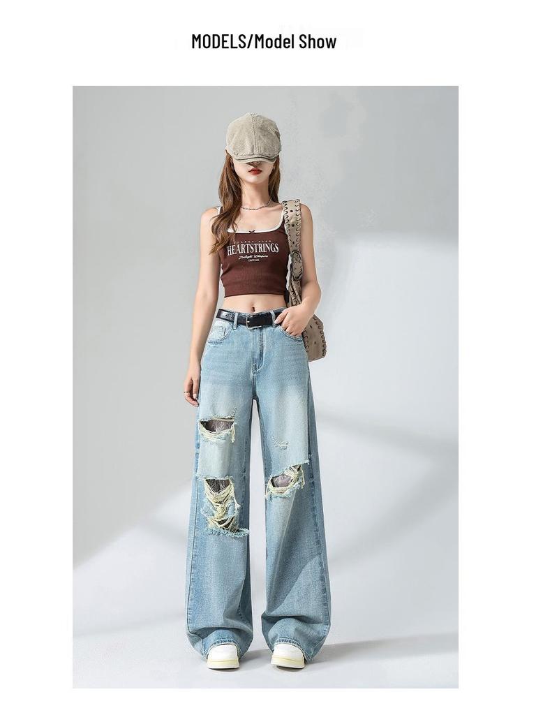 Women's High-Waisted Retro Blue Ripped Jeans – Summer 2026, Loose Fit, Slimming, Straight Leg, Floor-Length
