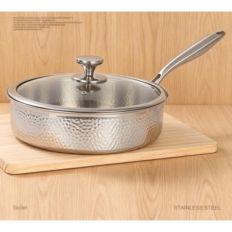 304 Stainless Steel Tri-Ply Hammered Frying Pan Nonstick Without Coating Steak Searing Induction Gas Stove
