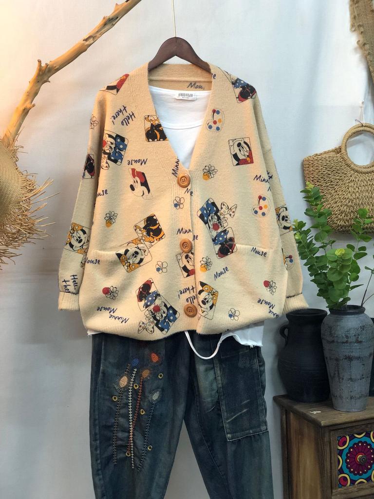 Factory new autumn and winter cute printed imitation mink velvet jacket women's Korean version loose lazy sweater