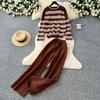 Autumn Winter Women Casual Striped Knitted Sweater Trouser Two Piece Set Full Sleeve Pullover Tops and Wide Leg Pant Tracksuit