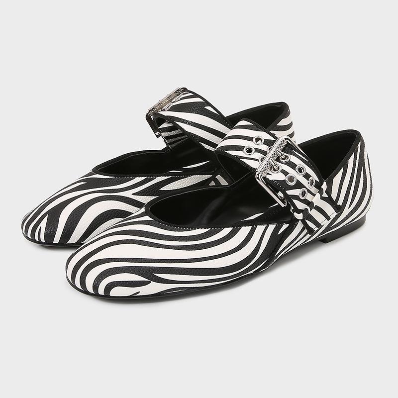 Fashion Fashion Zebra Print Ballet Flats Women Luxury Wide Strap Metal Buckle Mary Jane Shoes Comfort Casual Designer Shoes for Women