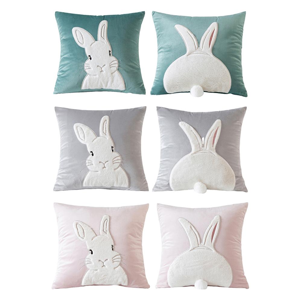 2Pcs Easter Bunny Soft Cushion Case 45x45cm Plush Rabbit Embroidered Pillowcase Rabbit Pattern Decorative Throw Pillowcase
