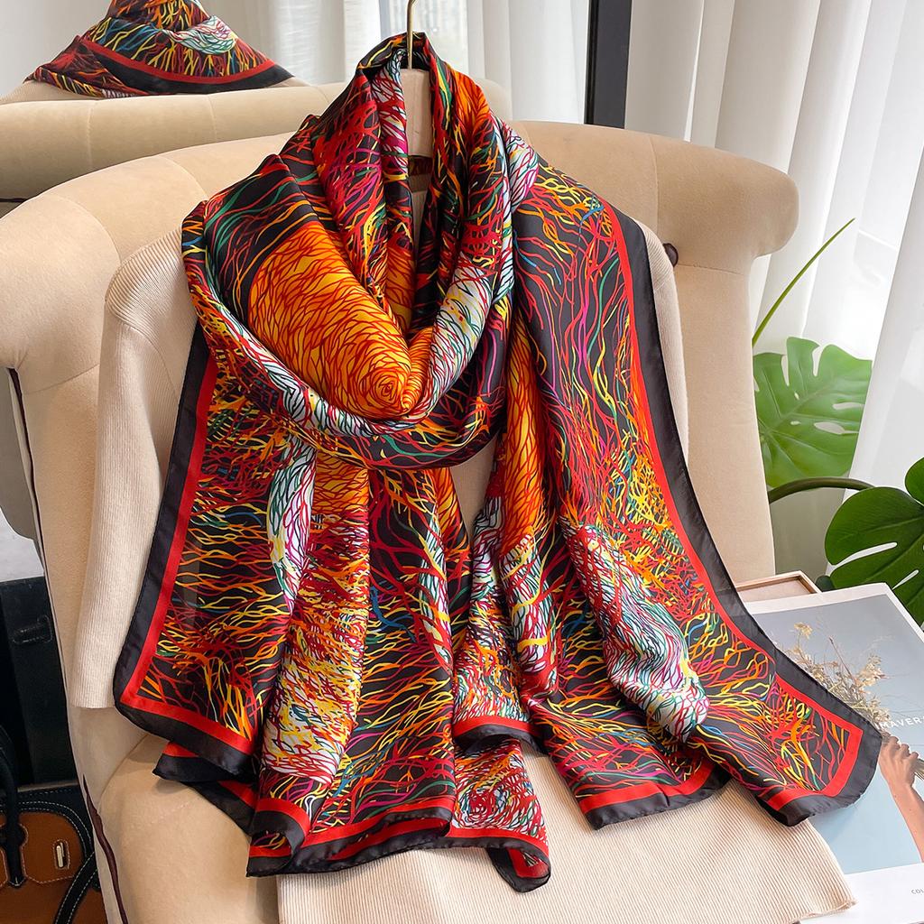 New Simulated Silk Printed Scarf for Women's Autumn and Winter Warmth Scarf Fashionable and Fashionable Foreign Style Shawl