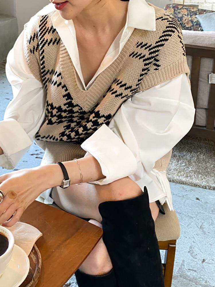 ITOOLIN Podzimní elegantní dámská svetrová vesta s výstřihem do V Pletená svetrová vesta Dámská tílka bez rukávů ležérní pro ženy vesta zima 2023