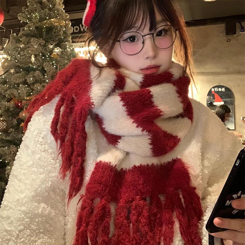 Korean Quality Striped Tassel Fashion Scarf Autumn and Winter All Match Warm Knitted Imitation Cashmere Scarf