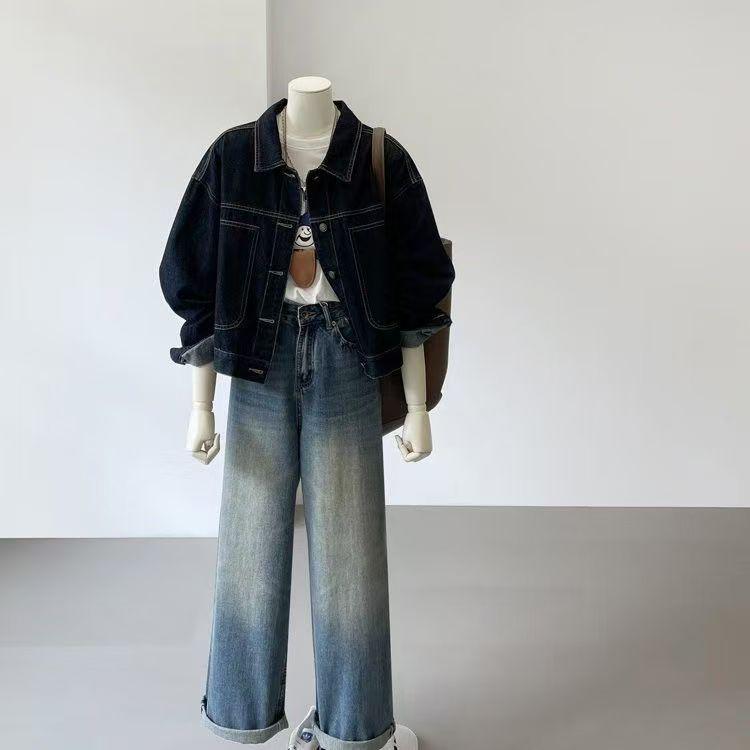 

Dark Blue Retro 2025 Denim Jacket - Petite, Casual, Loose Fit, Spandex, with Pockets 3XL (135-145 jin) темно-синий