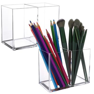 2Pcs Acrílico Caneta Titular Acrílico Caneta Pote, 2 Compartimentos Caneta Lápis Titular Quadrado Acrílico Lápis Organizador Transparente Caneta Copo Cl