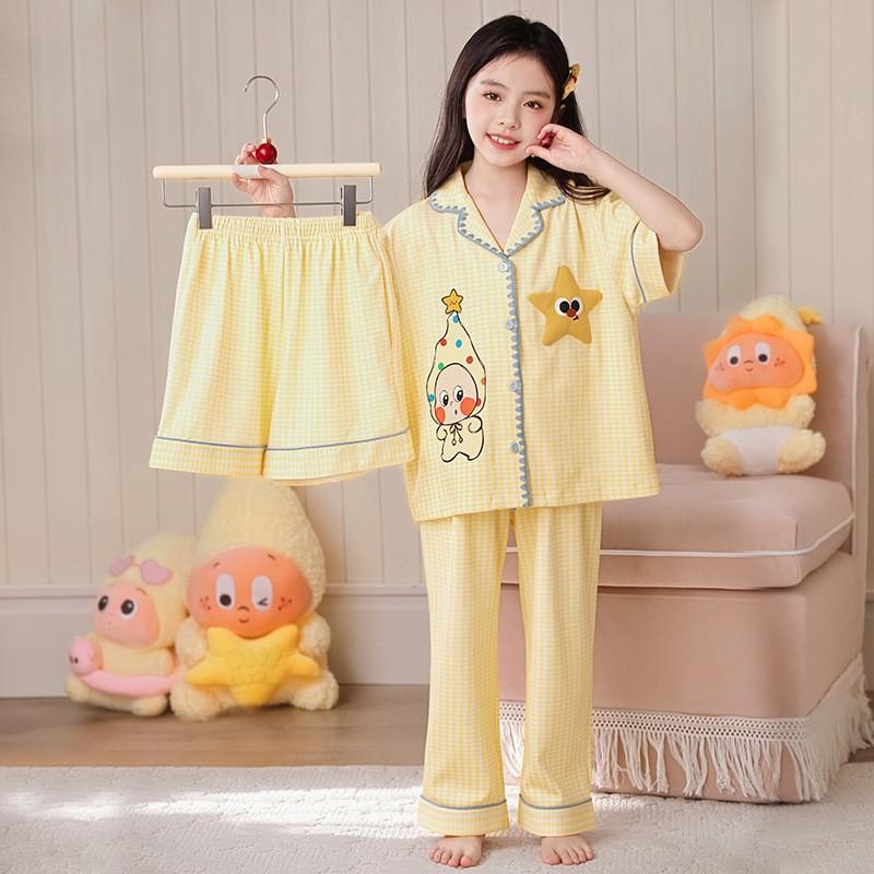 Kids Cotton Pajama Set Short Sleeve Long Pants Cartoon Print Sleepwear Girls Boys Comfortable Home Wear