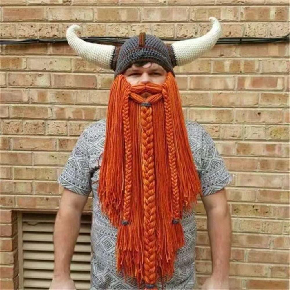 Hand Weave Bearded Funny Caps Funny Tricky Big Beard Mask Hat Viking Horn Hat Costume Accessory