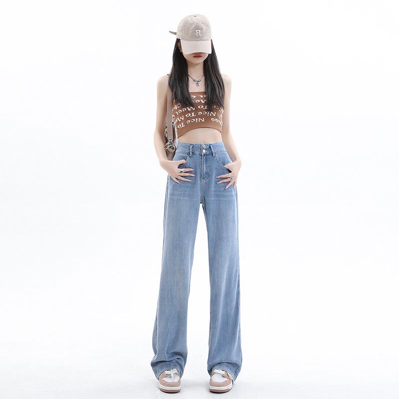 Women's High Waist Tencel Wide Leg Jeans - Summer Thin, Drapey, Slimming, Petite Floor-Length Pants